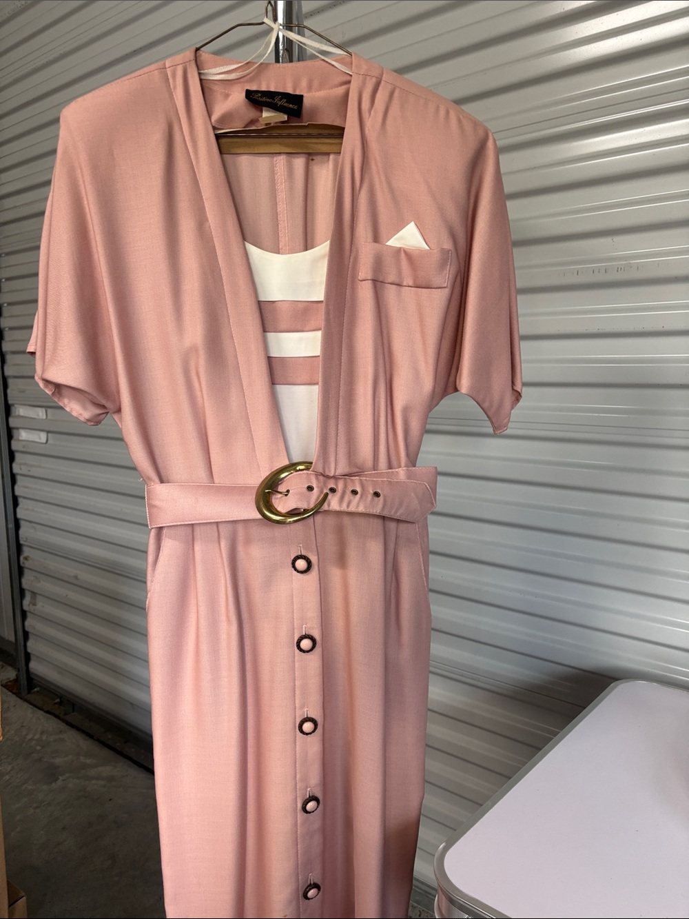 Adrianna Papell Pink Midi Dress with Gold Buckle Belt